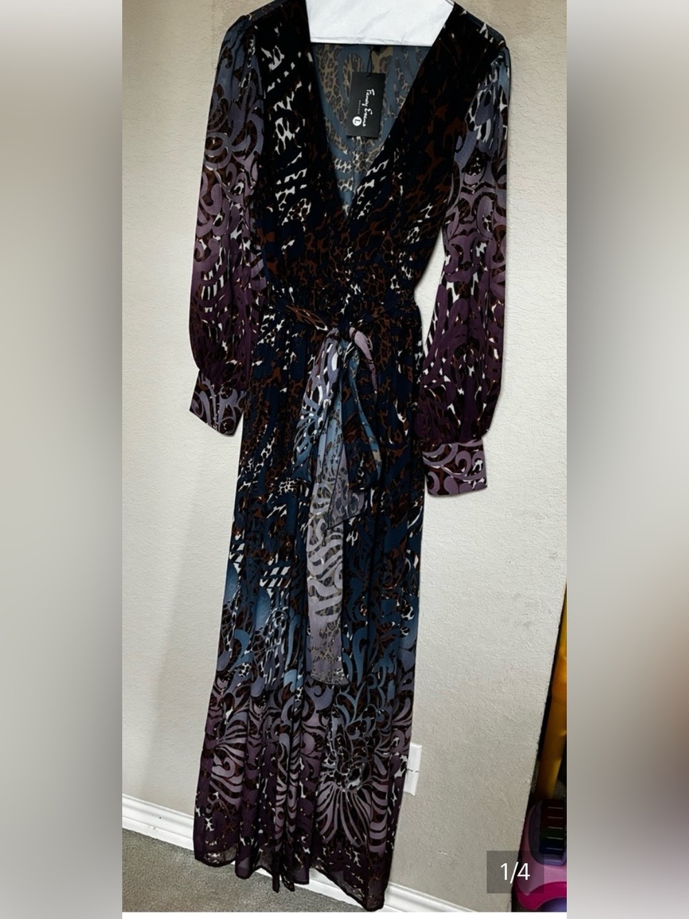 Women's Long V-Neck Patterned Wrap Dress - Purple/Blue